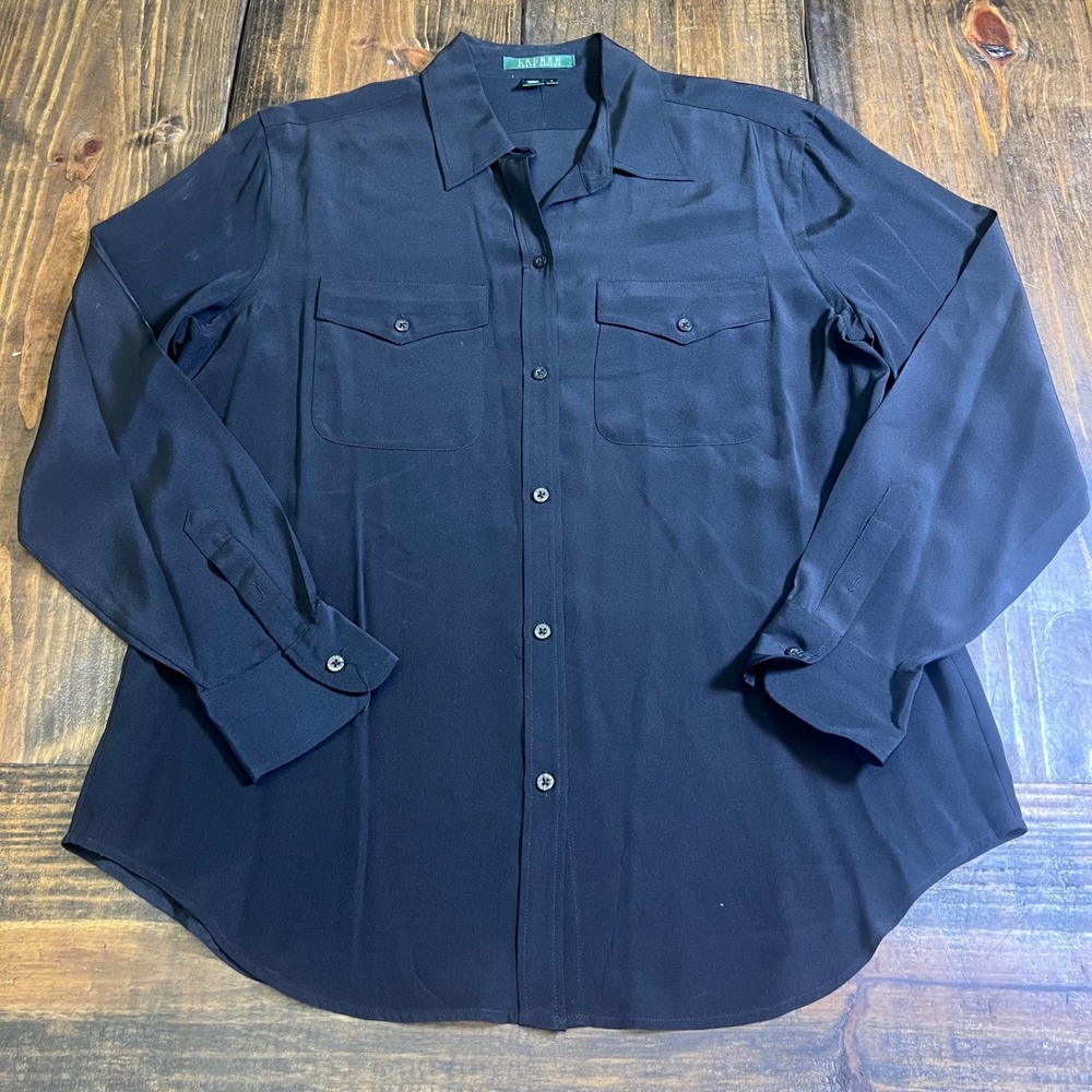 Lauren Ralph Lauren Black 100% Silk Button Down Shirt Womens 8 Long Sleeve